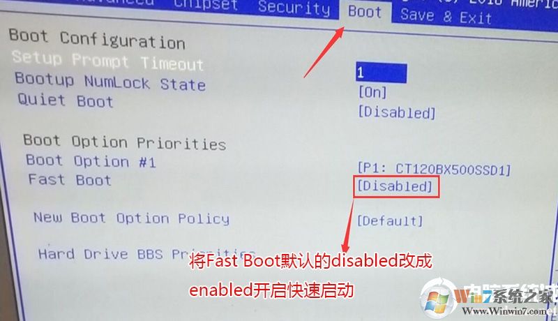 将Fast Boot默认的disabled改成enabled，开启快速启动,