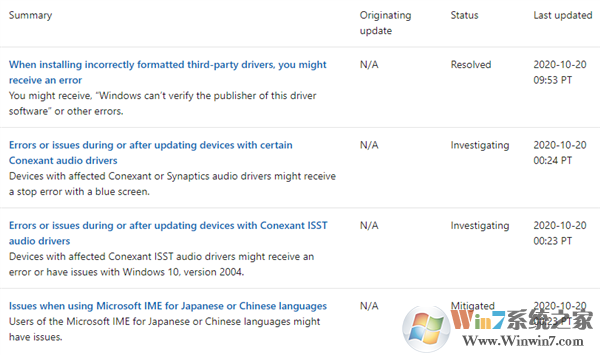Win10 20H2 2020年10月更新已知问题