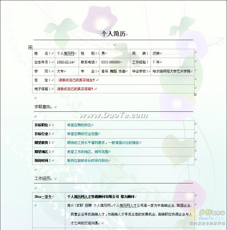 彩色招聘简历表格Word模板